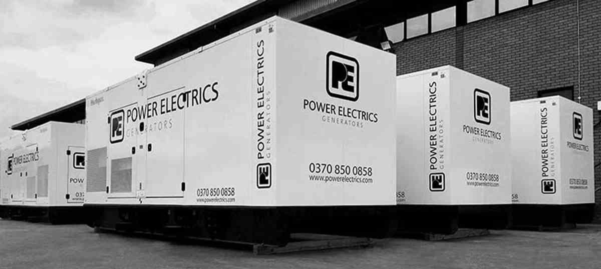 Power Electrics generators lined up in black and white