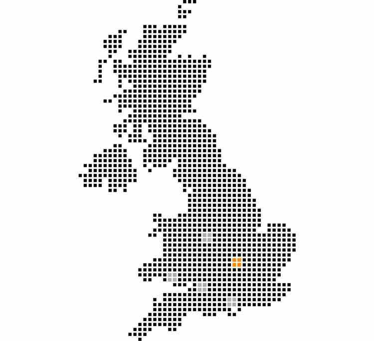 A map of the UK with Power Electrics depot locations highlighted